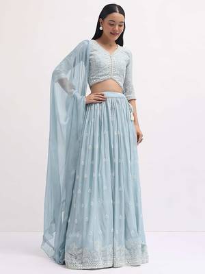 Charming SkyBlue Sequins Georgette Sangeet Wear Lehenga Choli 2