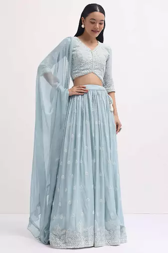 Charming SkyBlue Sequins Georgette Sangeet Wear Lehenga Choli