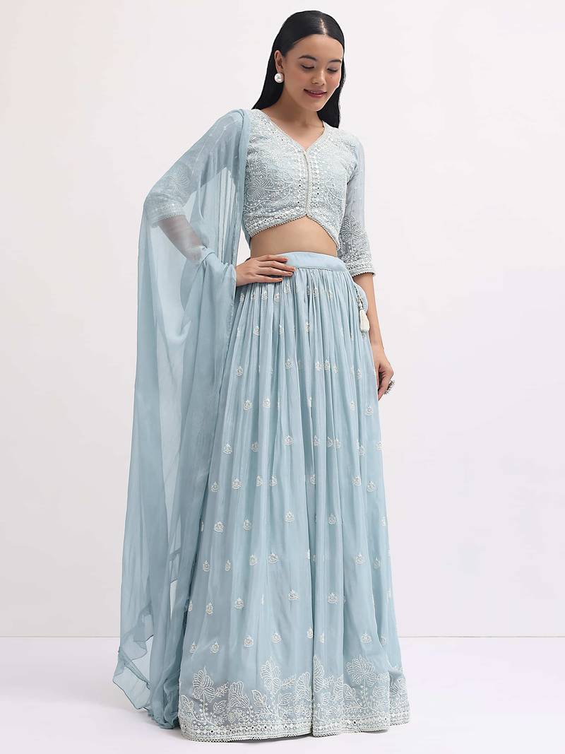 Charming SkyBlue Sequins Georgette Sangeet Wear Lehenga Choli