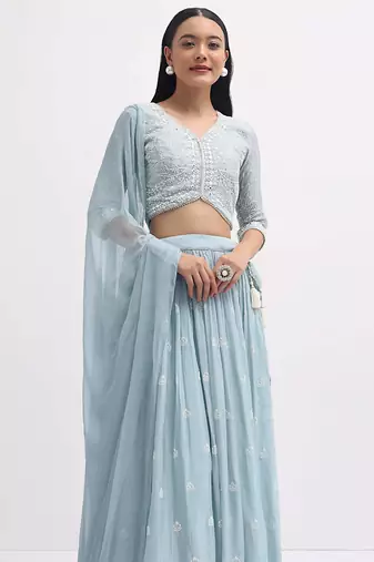 Charming SkyBlue Sequins Georgette Sangeet Wear Lehenga Choli
