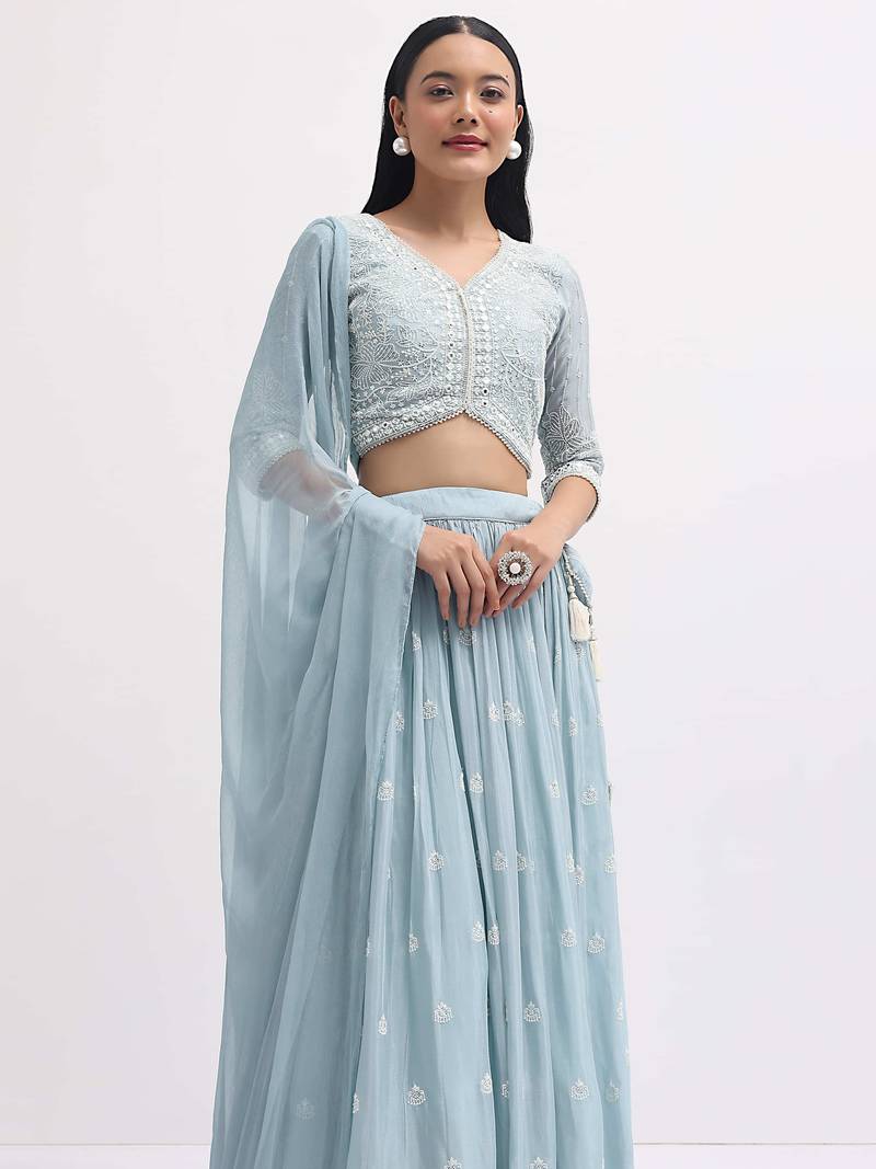 Charming SkyBlue Sequins Georgette Sangeet Wear Lehenga Choli