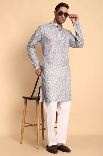 Lanes net ikat digital print knee length kurta mandarin collar mandarin collar green small