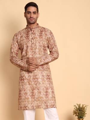 Quatrefoil digital print knee length kurta mandarin collar mandarin collar cream small 1