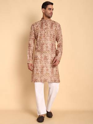 Quatrefoil digital print knee length kurta mandarin collar mandarin collar cream small 2