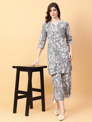 grey cotton printed & hand work co-ord set (set of 2) 1