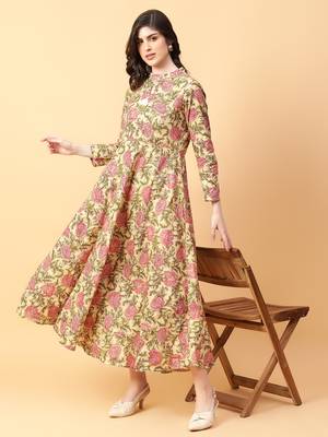 beige cotton printed & hand work dress 1