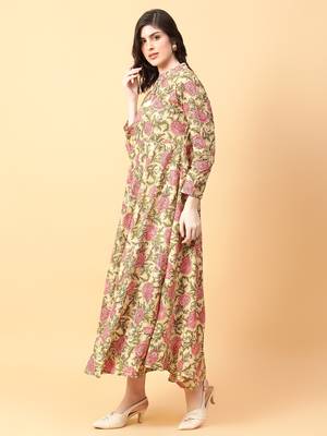 beige cotton printed & hand work dress 2