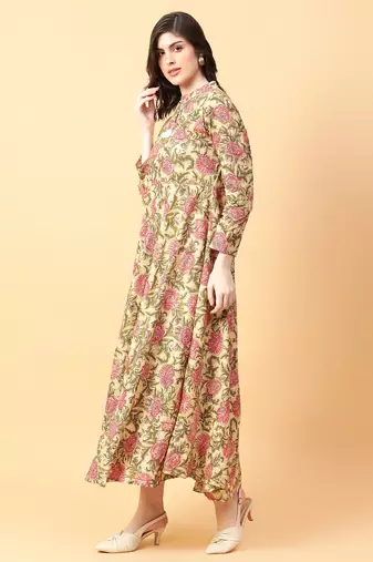 beige cotton printed & hand work dress