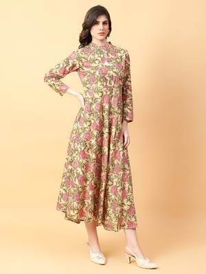 beige cotton printed & hand work dress 3