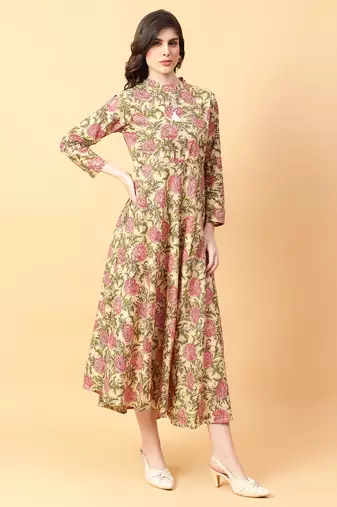 beige cotton printed & hand work dress