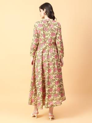 beige cotton printed & hand work dress 4