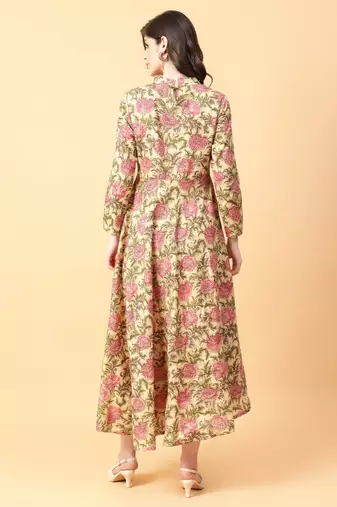 beige cotton printed & hand work dress