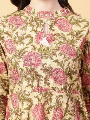 beige cotton printed & hand work dress 5