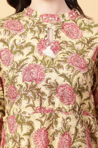 beige cotton printed & hand work dress