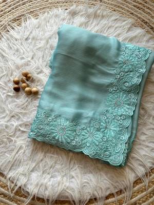 Light Blue Embroidered Chiffon Saree 1