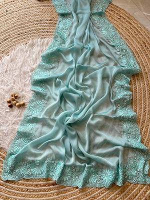 Light Blue Embroidered Chiffon Saree 2