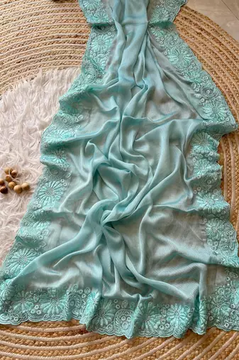 Light Blue Embroidered Chiffon Saree