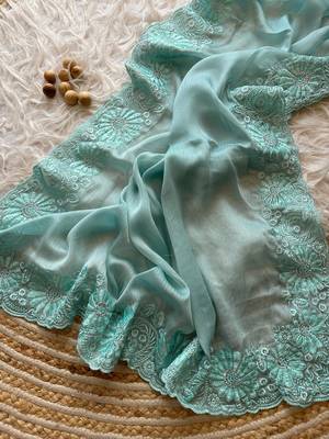 Light Blue Embroidered Chiffon Saree 3