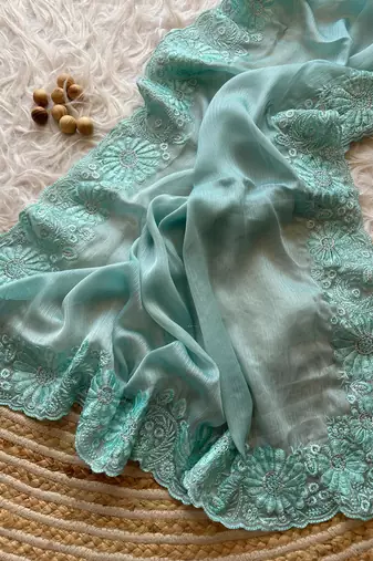 Light Blue Embroidered Chiffon Saree