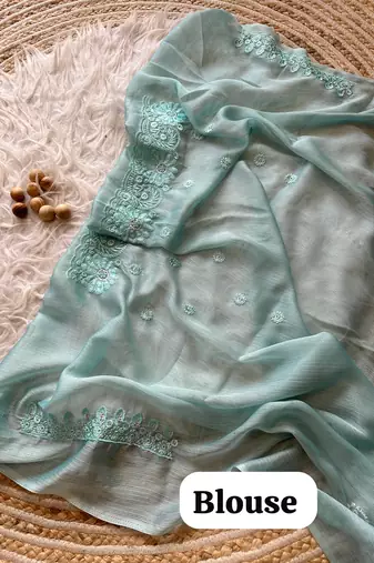 Light Blue Embroidered Chiffon Saree