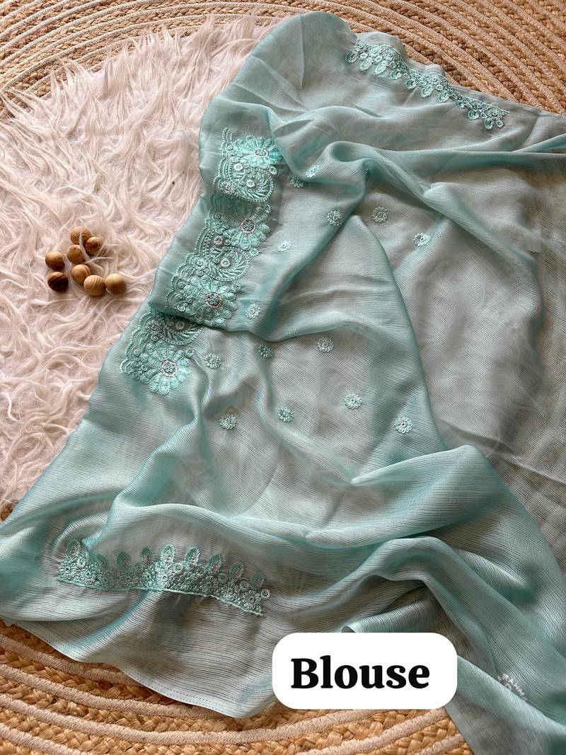 Light Blue Embroidered Chiffon Saree