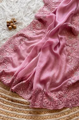 Light Pink Embroidered Chiffon Saree