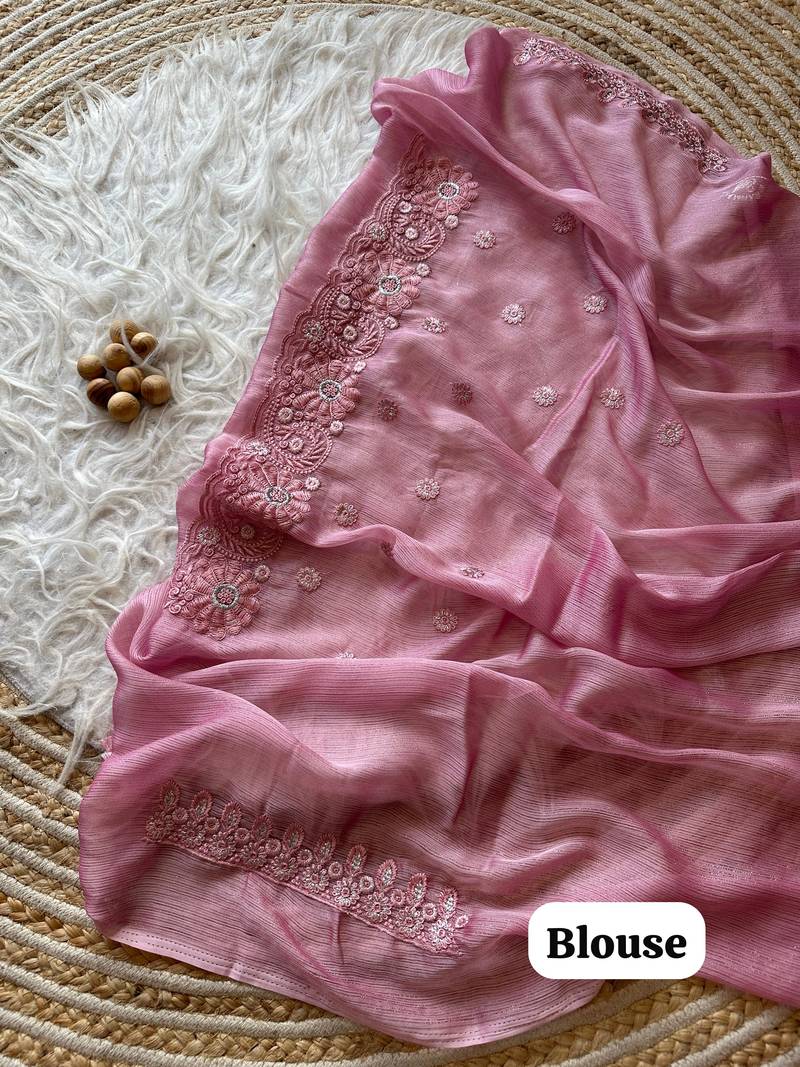 Light Pink Embroidered Chiffon Saree