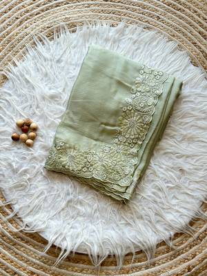 Light Olive Embroidered Chiffon Silk Sarees 1