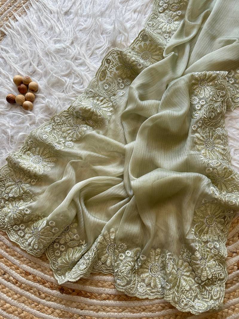 Light Olive Embroidered Chiffon Silk Sarees