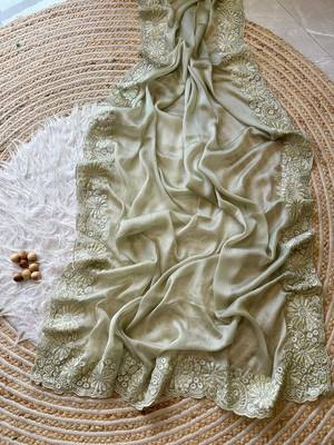 Light Olive Embroidered Chiffon Silk Sarees 3