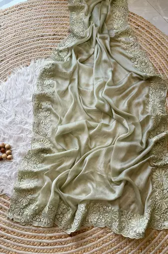 Light Olive Embroidered Chiffon Silk Sarees