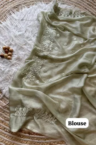 Light Olive Embroidered Chiffon Silk Sarees
