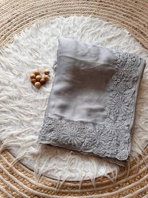 Grey Embroidered Chiffon Silk Saree 1