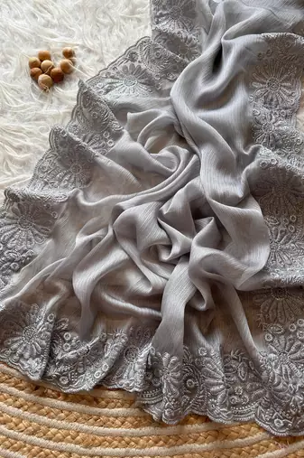 Grey Embroidered Chiffon Silk Saree