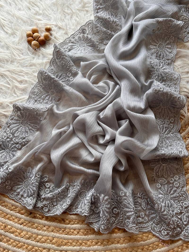 Grey Embroidered Chiffon Silk Saree