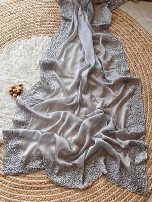 Grey Embroidered Chiffon Silk Saree 3