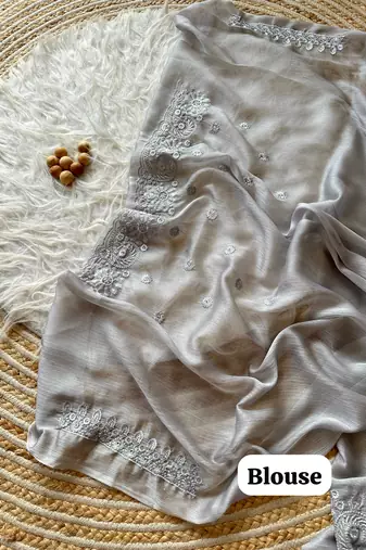 Grey Embroidered Chiffon Silk Saree