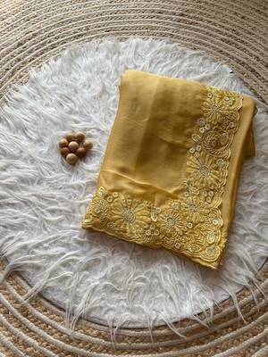 Yellow Embroidered chiffon Silk Saree  1