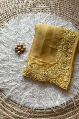 Yellow Embroidered chiffon Silk Saree 