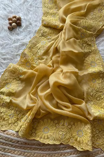 Yellow Embroidered chiffon Silk Saree 