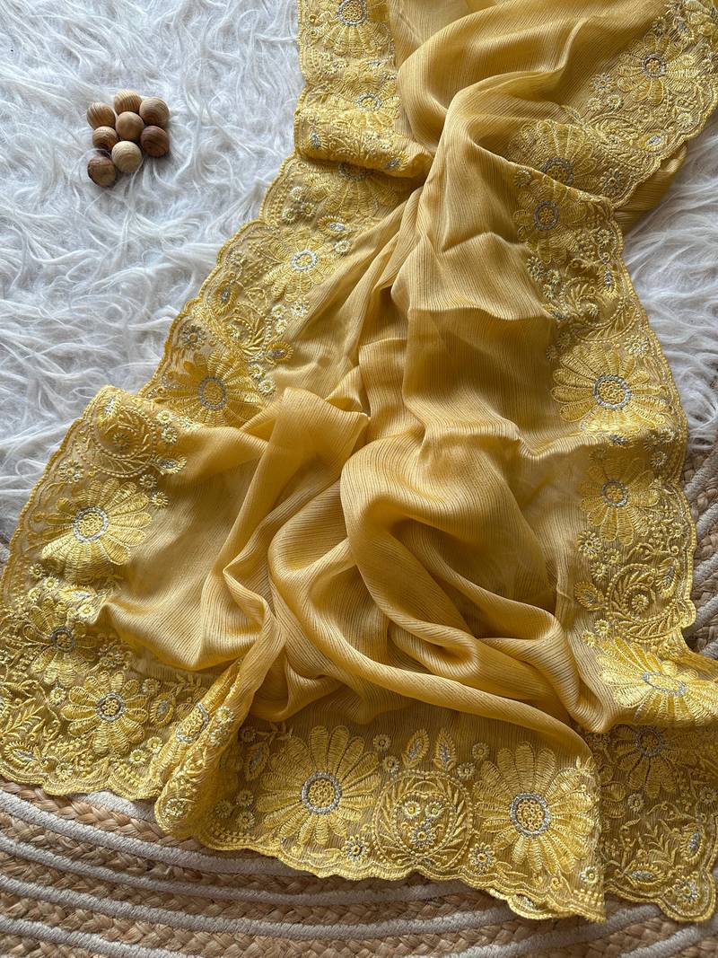 Yellow Embroidered chiffon Silk Saree 