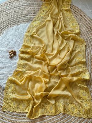 Yellow Embroidered chiffon Silk Saree  3