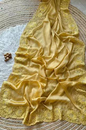 Yellow Embroidered chiffon Silk Saree 