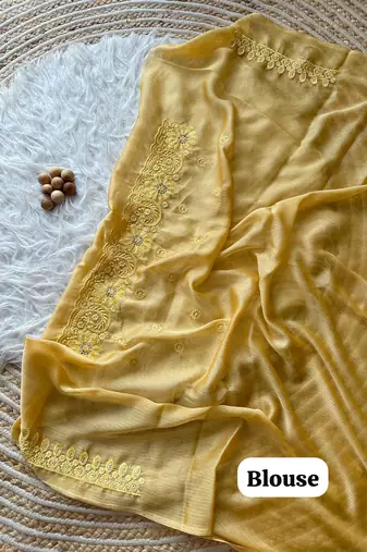 Yellow Embroidered chiffon Silk Saree 