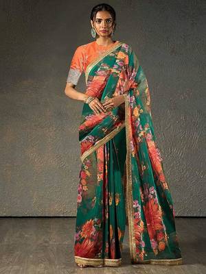 Magnetic Green Floral Orangza Wedding Wear Saree With Blouse 1