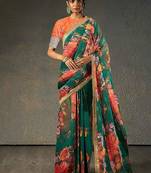 Magnetic Green Floral Orangza Wedding Wear Saree With Blouse