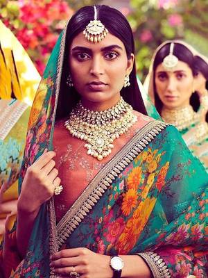 Magnetic Green Floral Orangza Wedding Wear Saree With Blouse 3