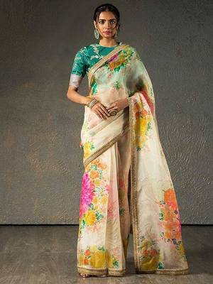 Alluring Cream Floral Orangza Wedding Wear Saree With Blouse 1