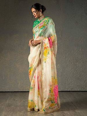 Alluring Cream Floral Orangza Wedding Wear Saree With Blouse 3