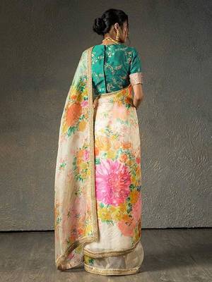 Alluring Cream Floral Orangza Wedding Wear Saree With Blouse 4